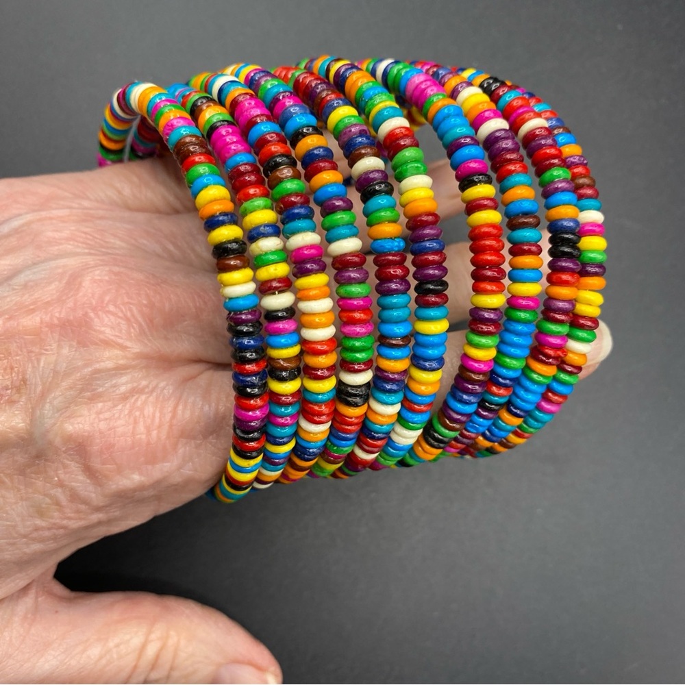 Chunky Colorful Beads Wide Artisan Made Memory Wire Bracelet - Picture 4 of 7